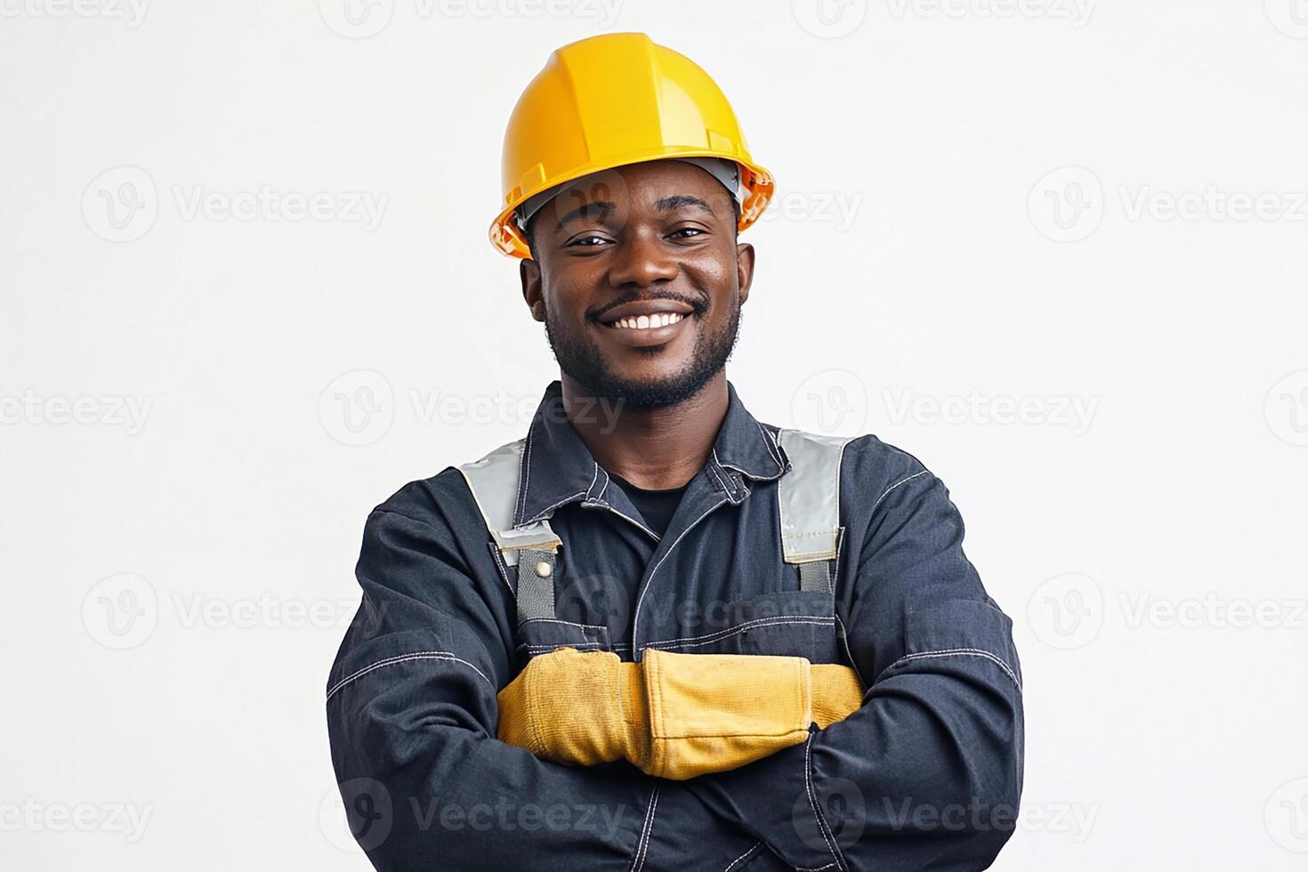 An african american man in a hard hat and overalls photo