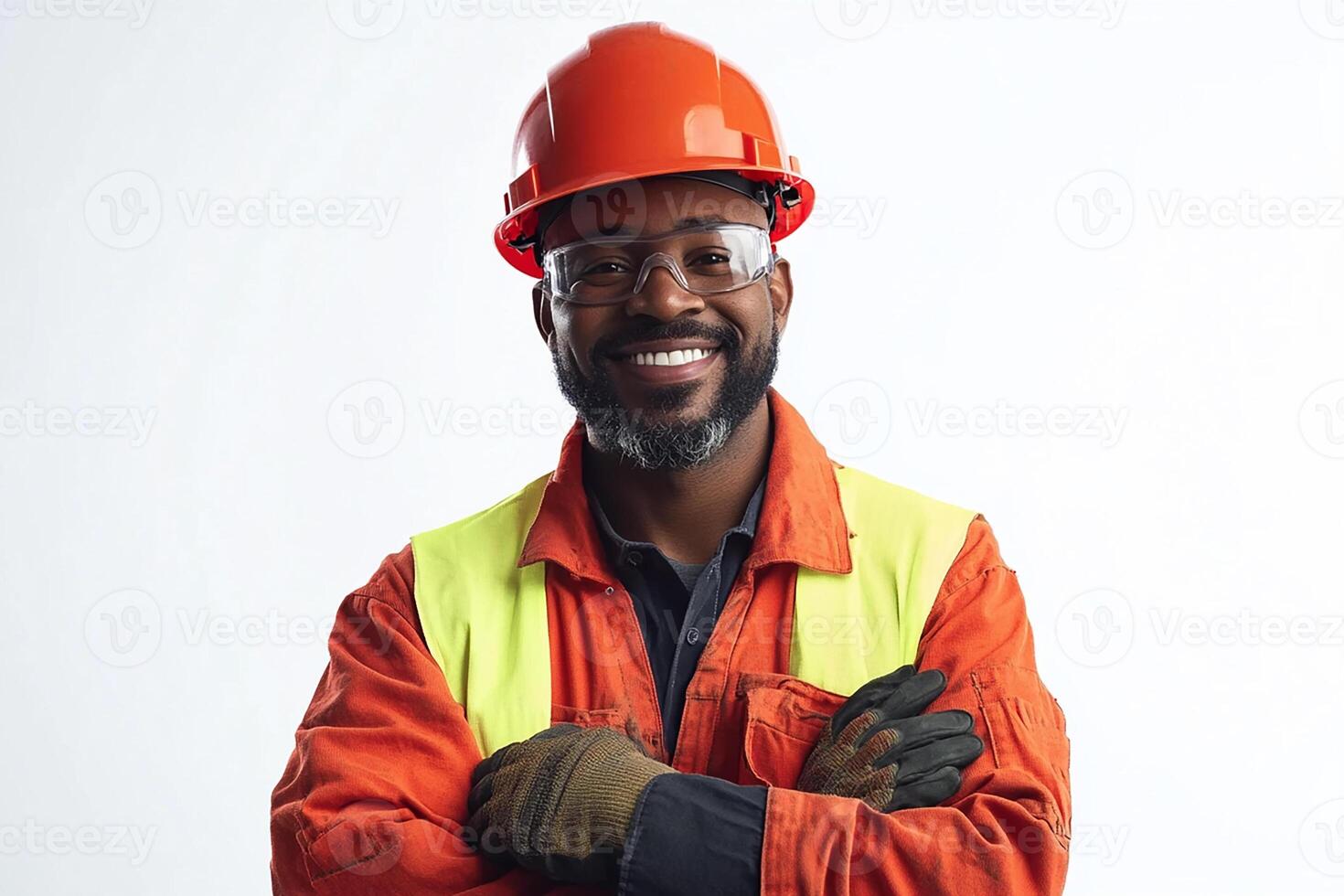 A smiling black man in an orange hard hat and safety glasses photo