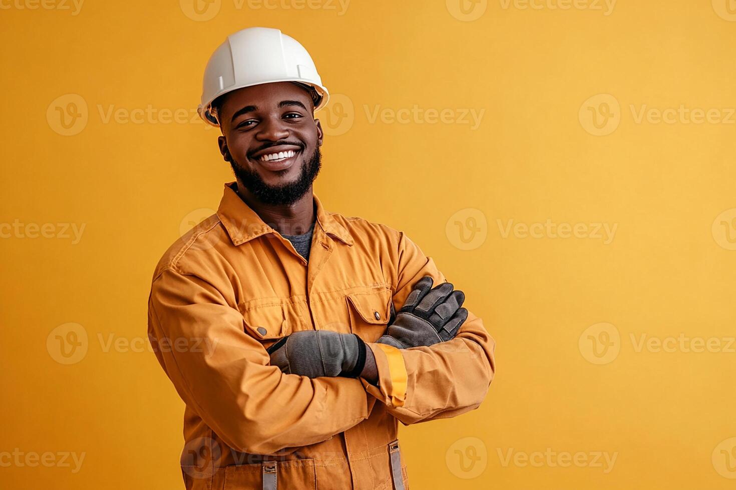 An african american man in a hard hat and overalls standing with his arms crossed photo