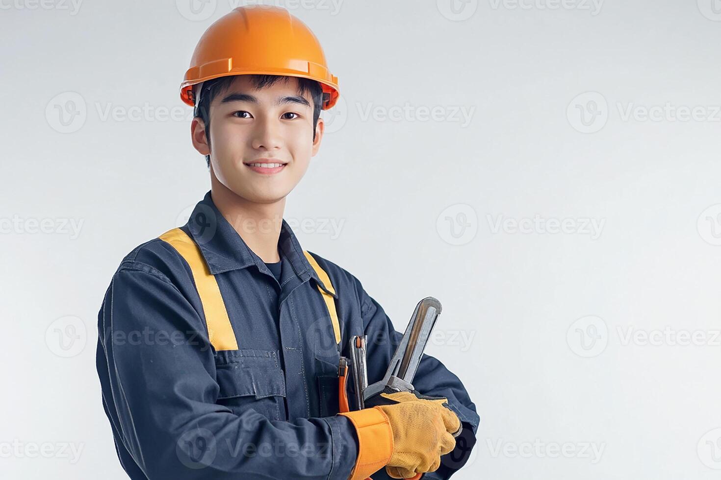 Asian male construction worker holding a wrench photo