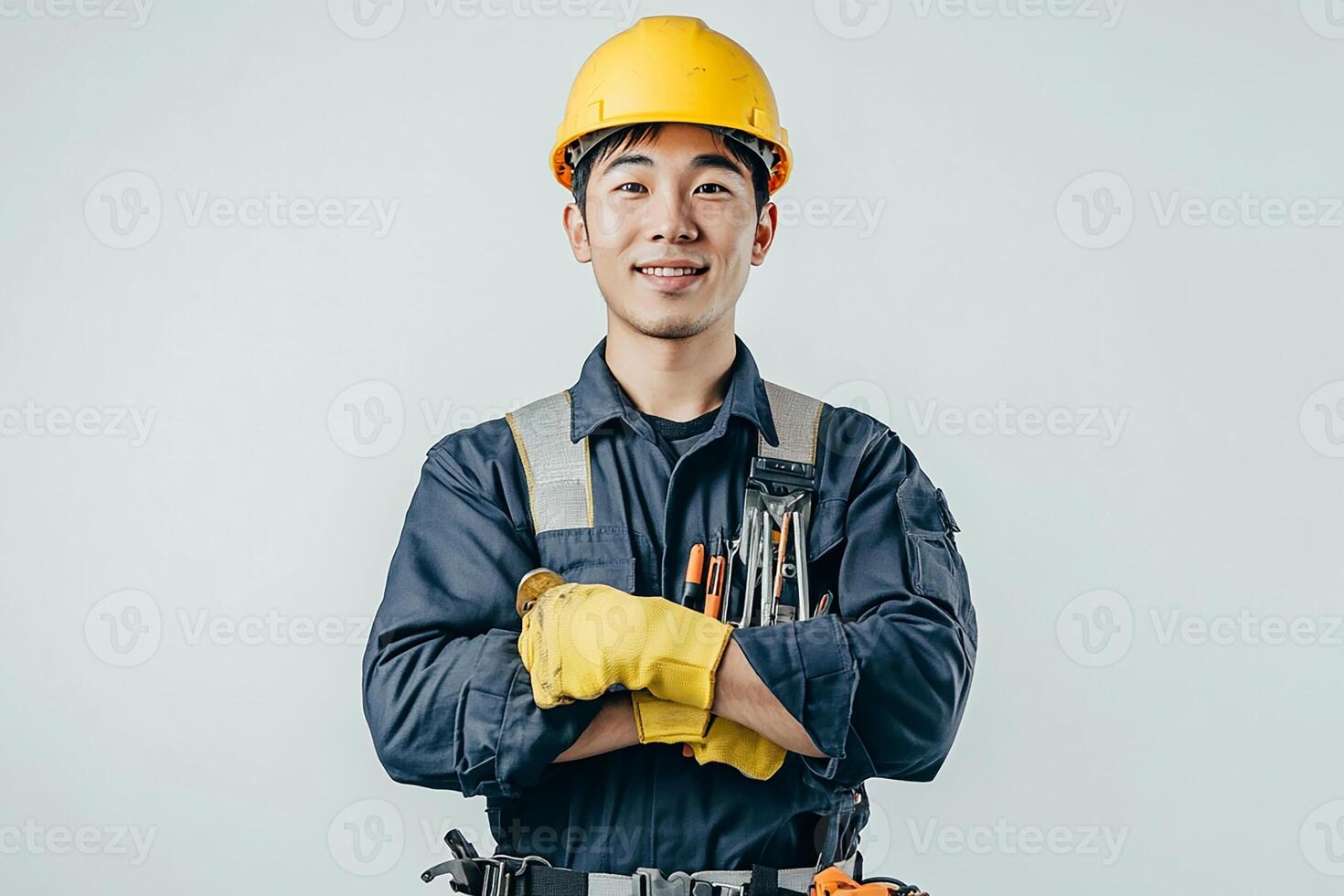 Asian male construction worker with tools photo