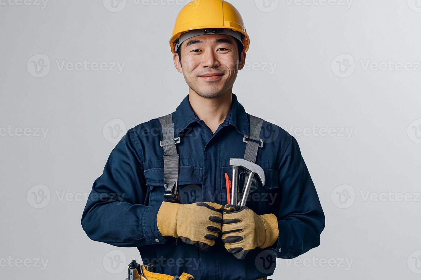 Asian male construction worker holding tools photo