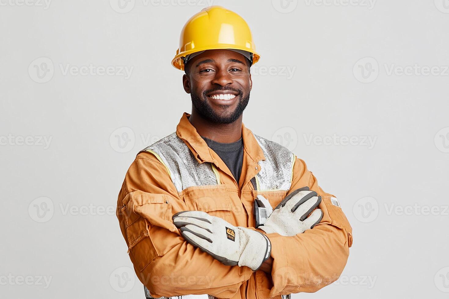 A smiling black man in a hard hat and safety vest photo