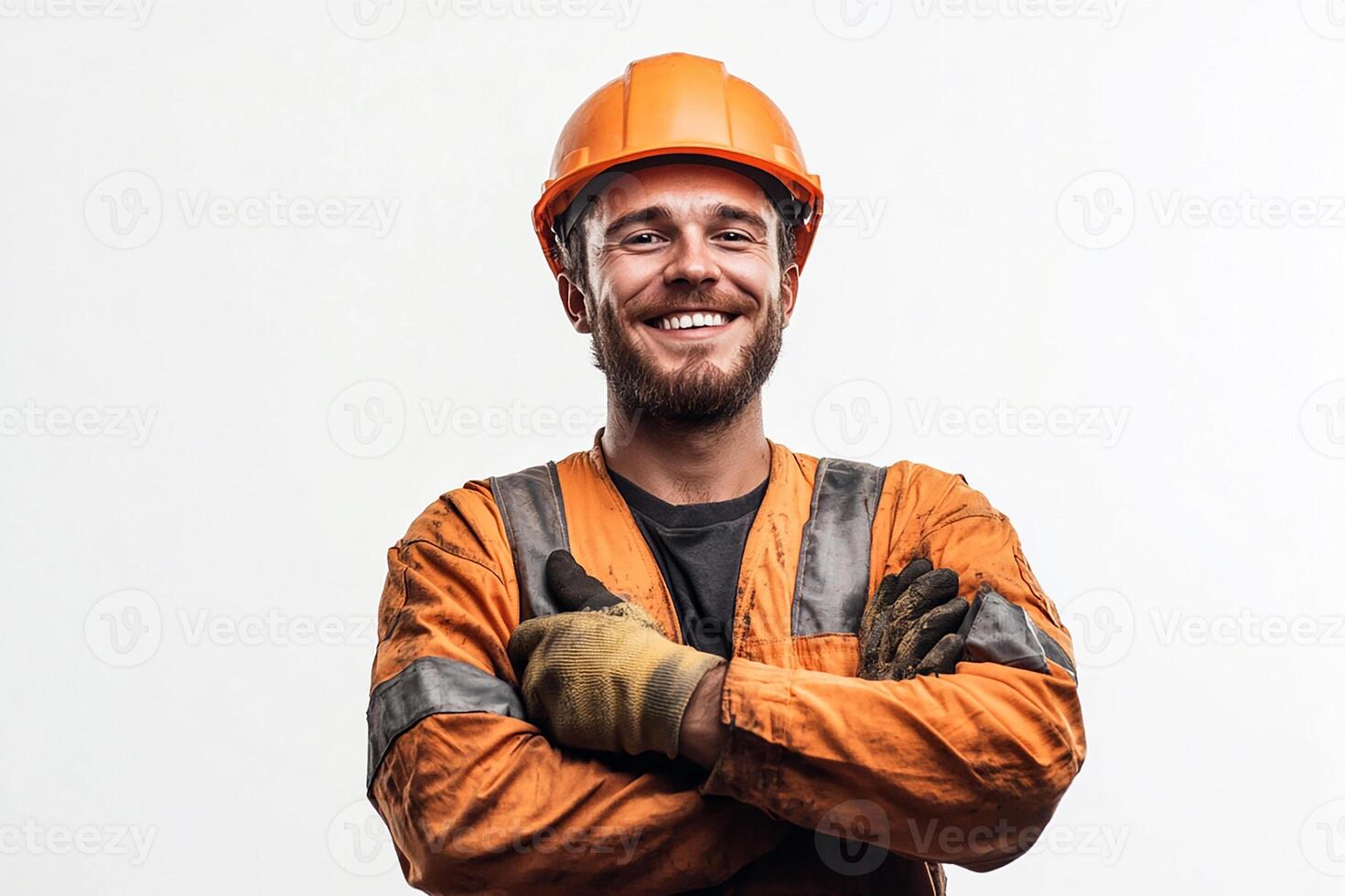A smiling man in an orange hard hat and overalls photo