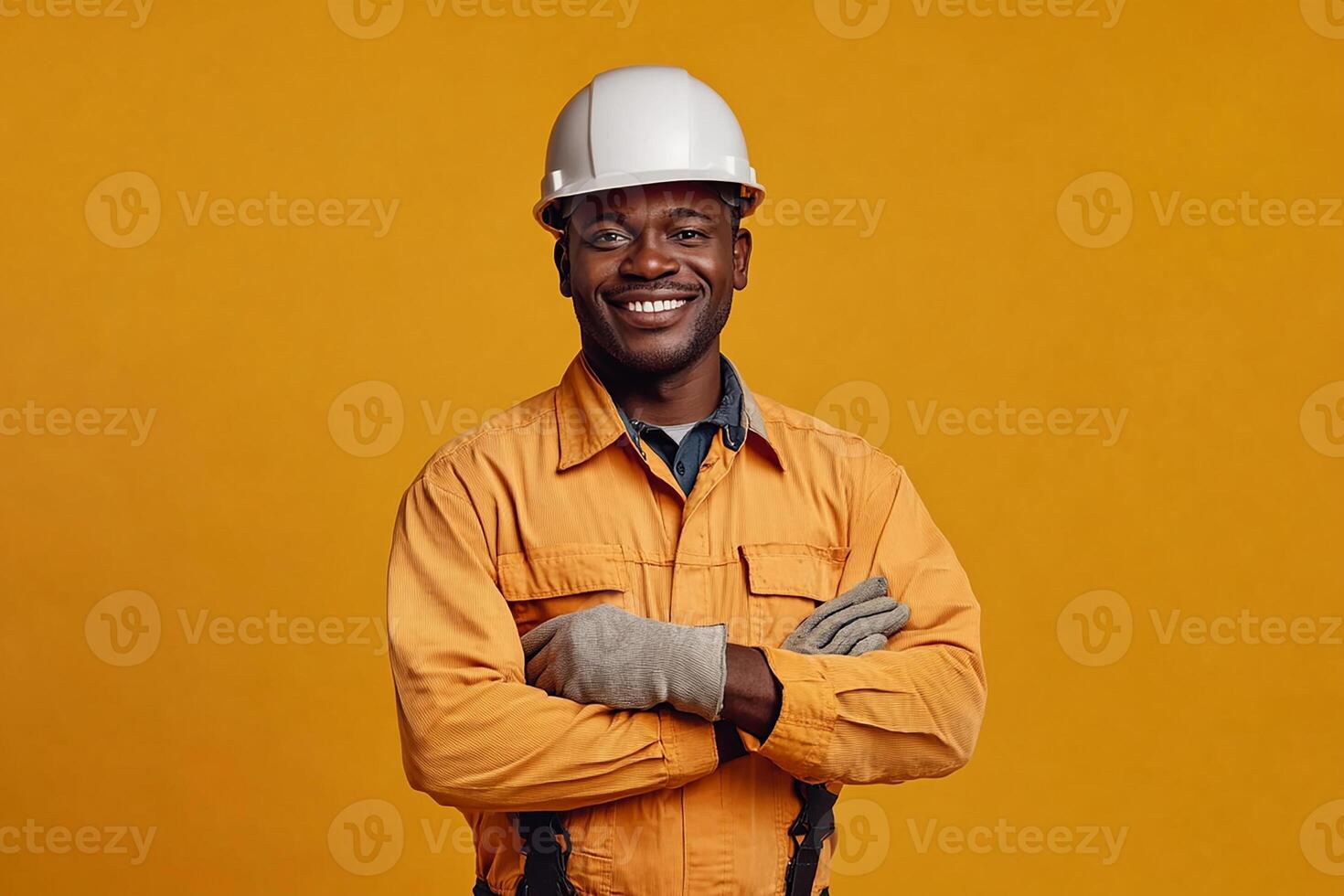 An african american man in an orange hard hat and overalls photo