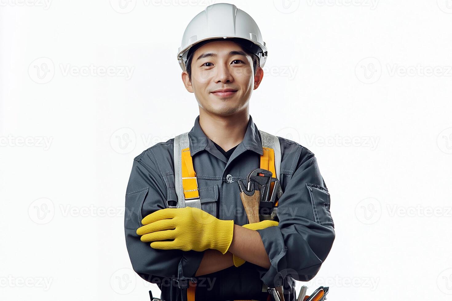 A man in a hard hat and yellow gloves photo