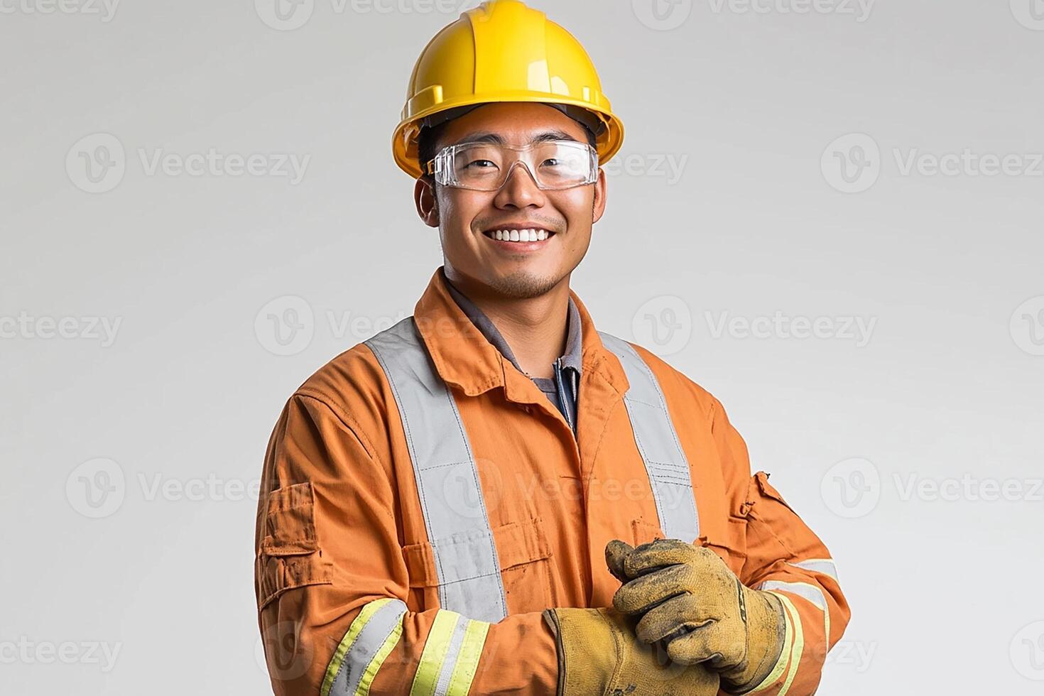 A man in an orange safety suit and safety glasses photo
