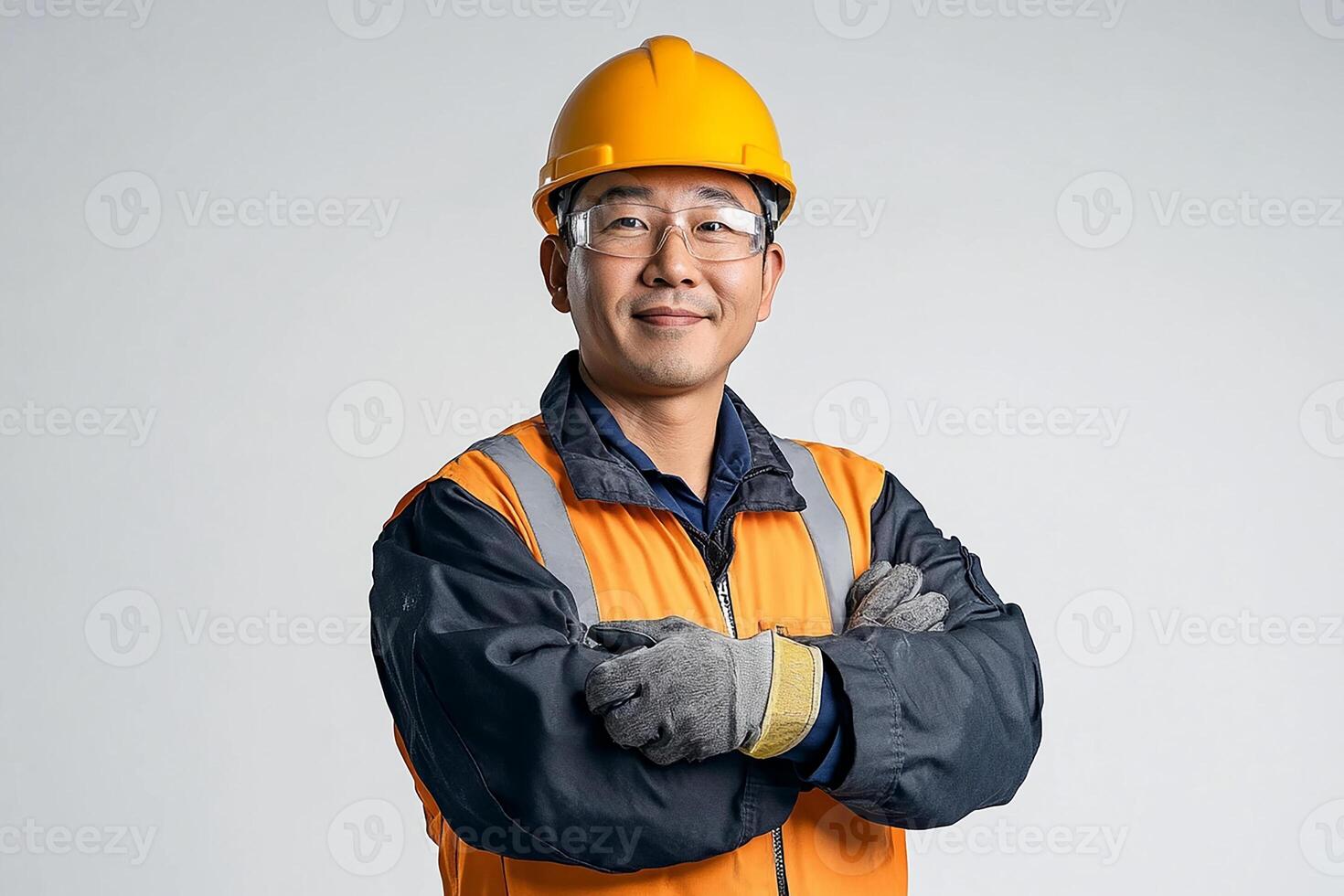 An asian man in an orange vest and hard hat photo