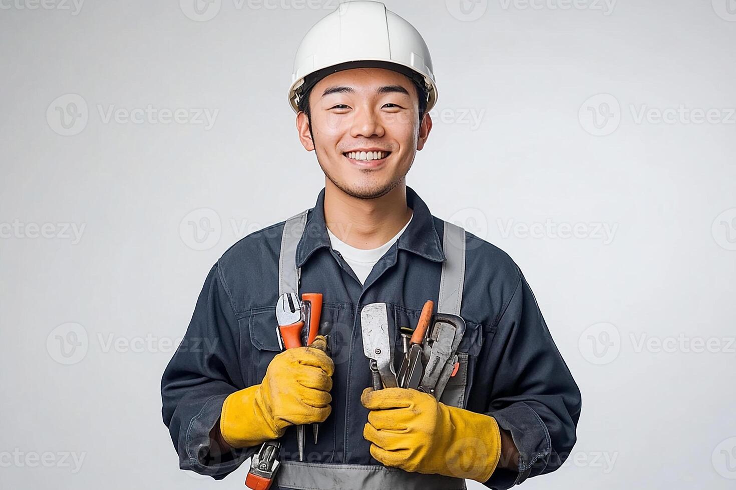 A young man in a hard hat and overalls holding a wrench photo