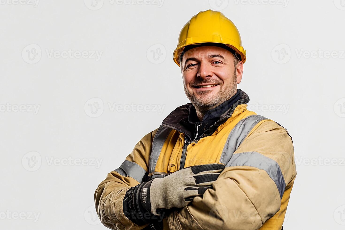 A man in a hard hat and yellow jacket photo