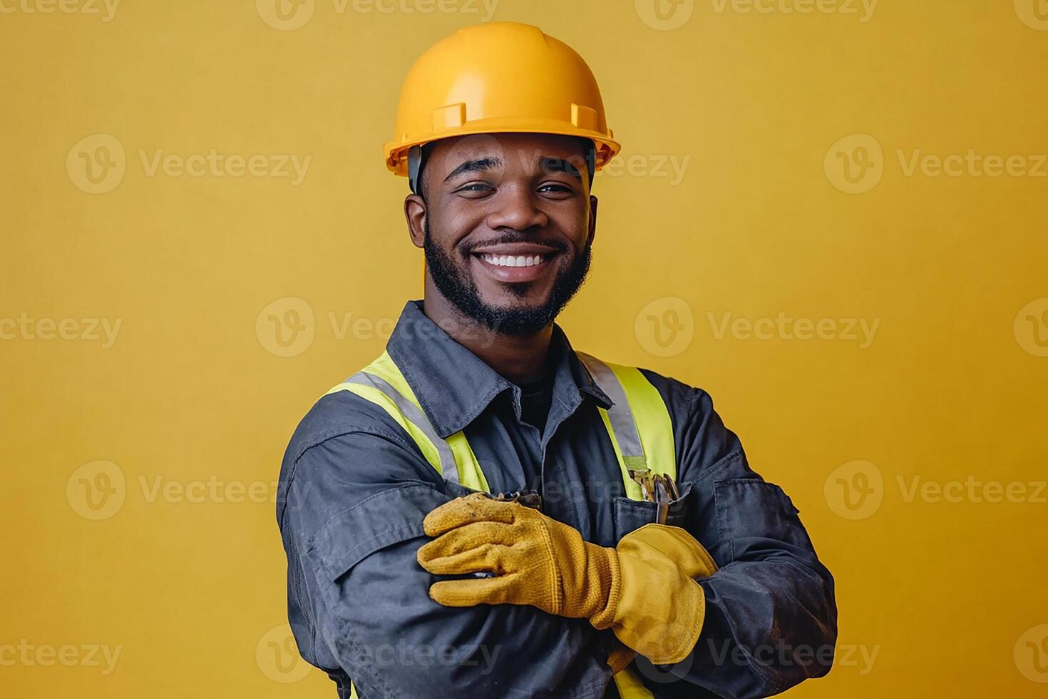 Portrait of a smiling black man in hard hat and safety gloves on yellow background photo