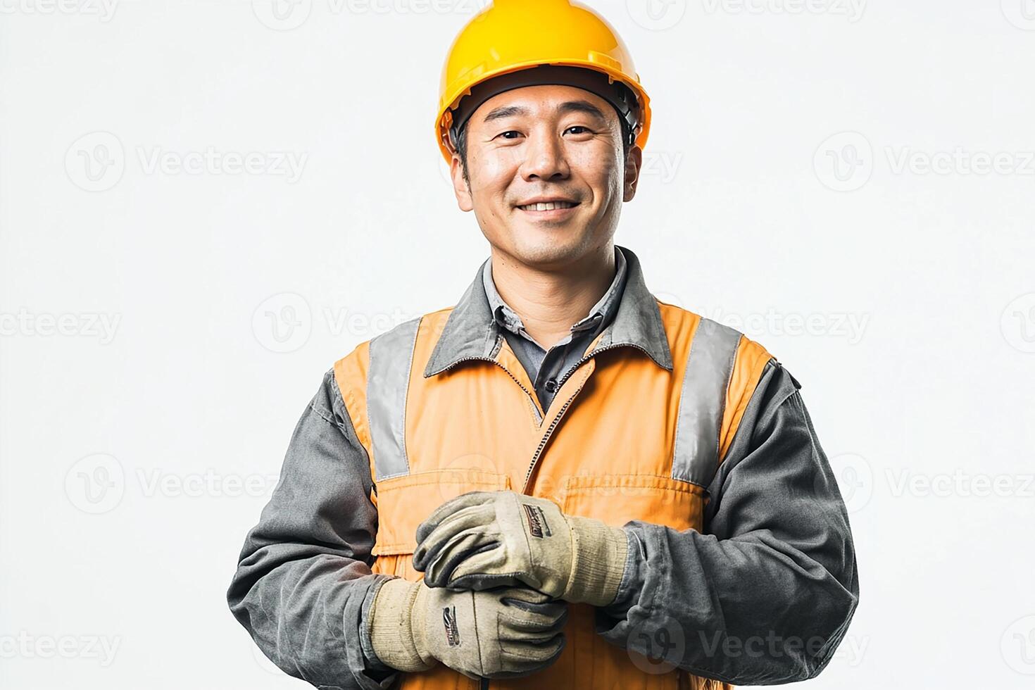 Asian man in orange vest and hard hat photo