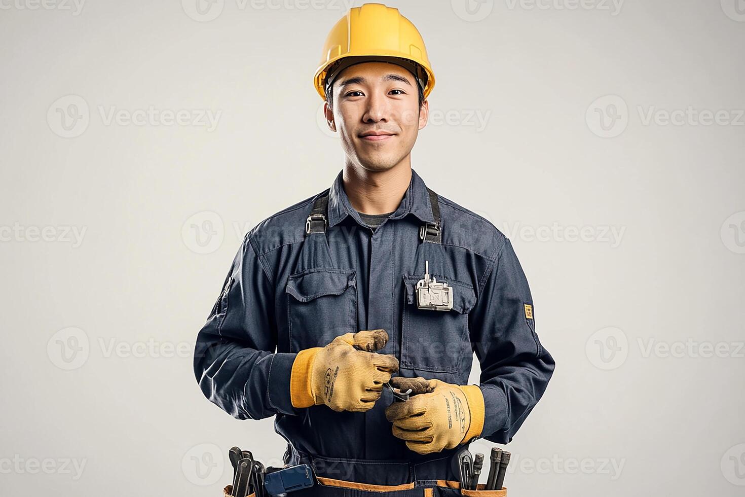 A man in a hard hat and safety glasses holding a wrench photo