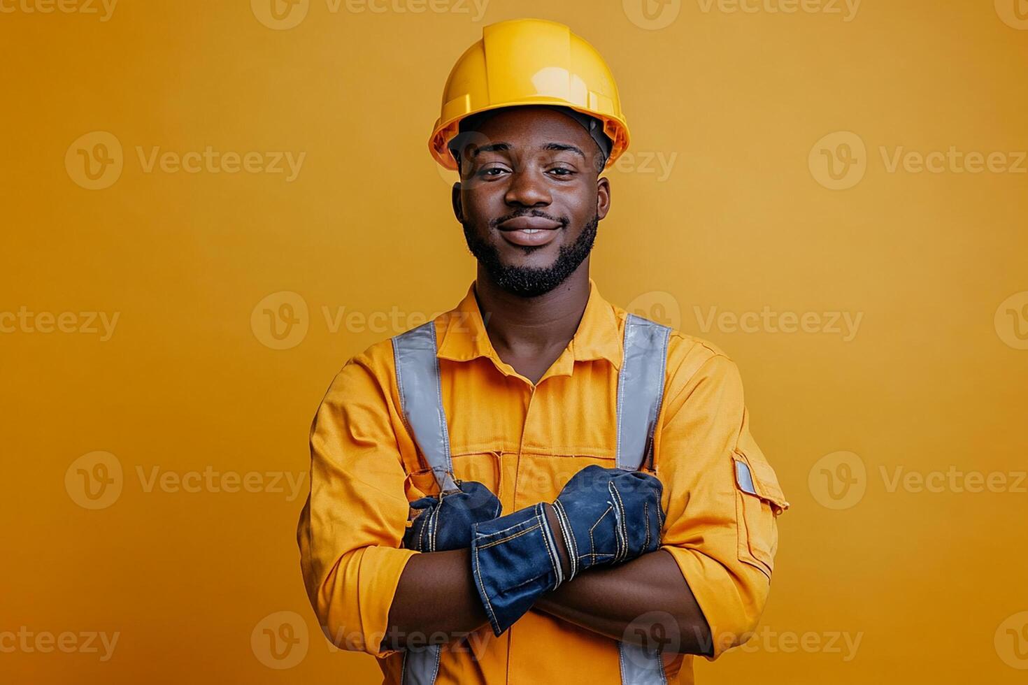 An african american man in an orange hard hat and overalls photo