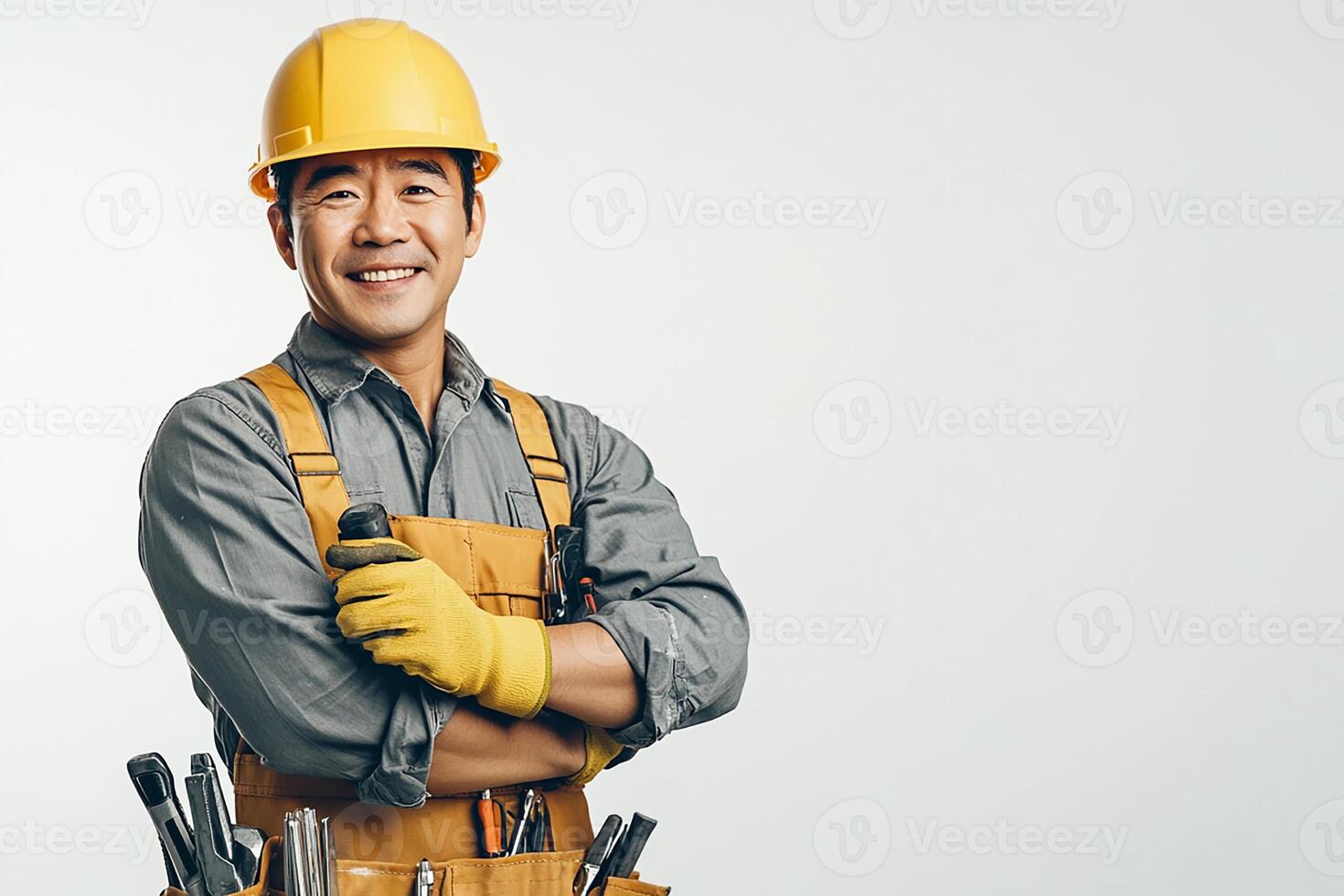 Asian male construction worker with tools photo
