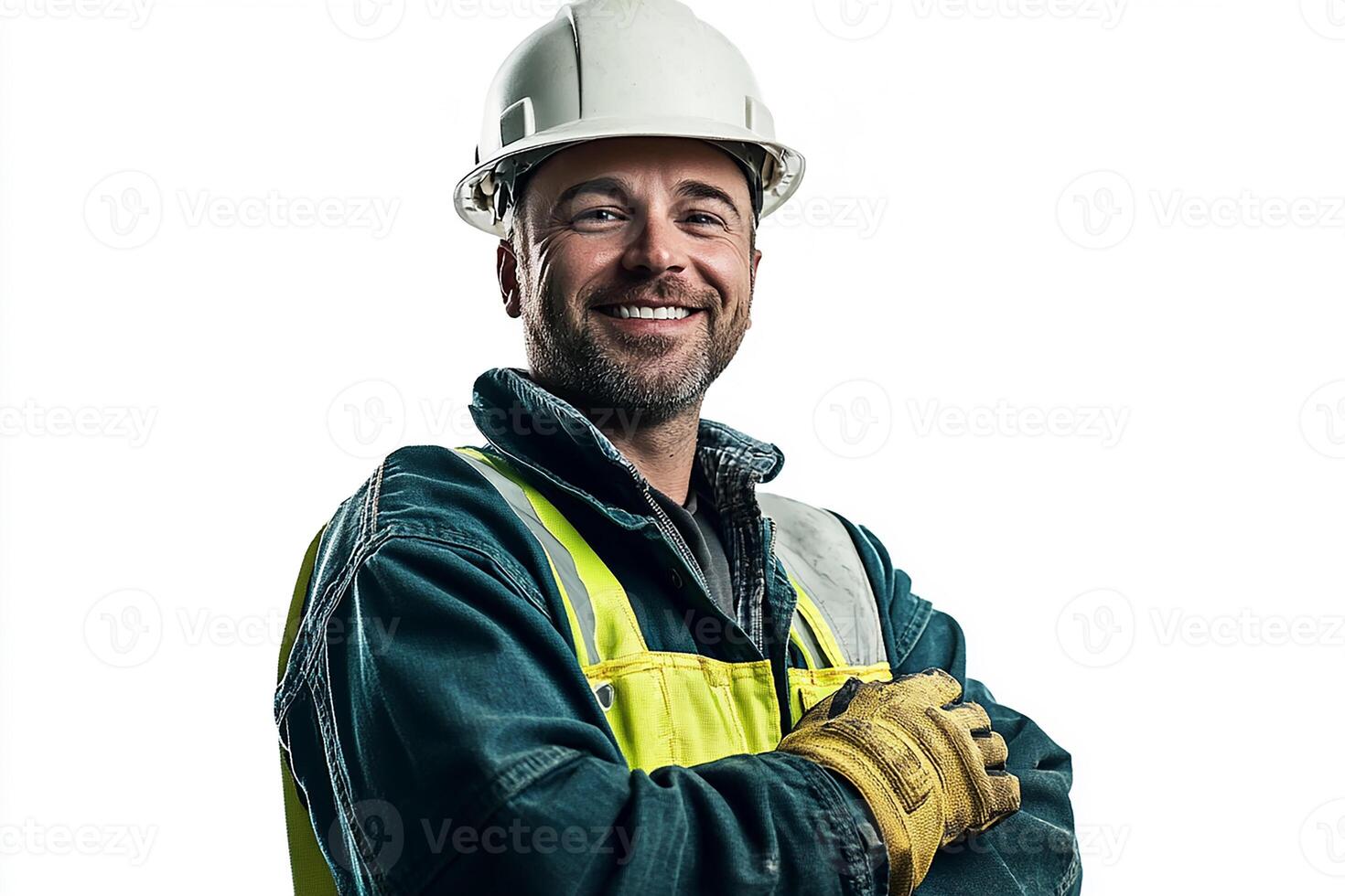 A smiling man in a hard hat and safety vest photo