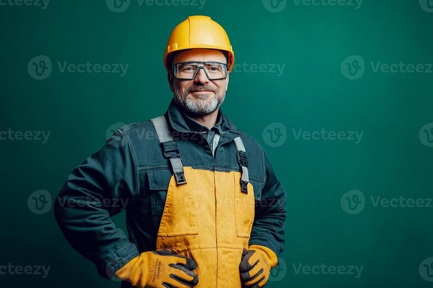 Portrait of a smiling man in hard hat and overalls on green background photo
