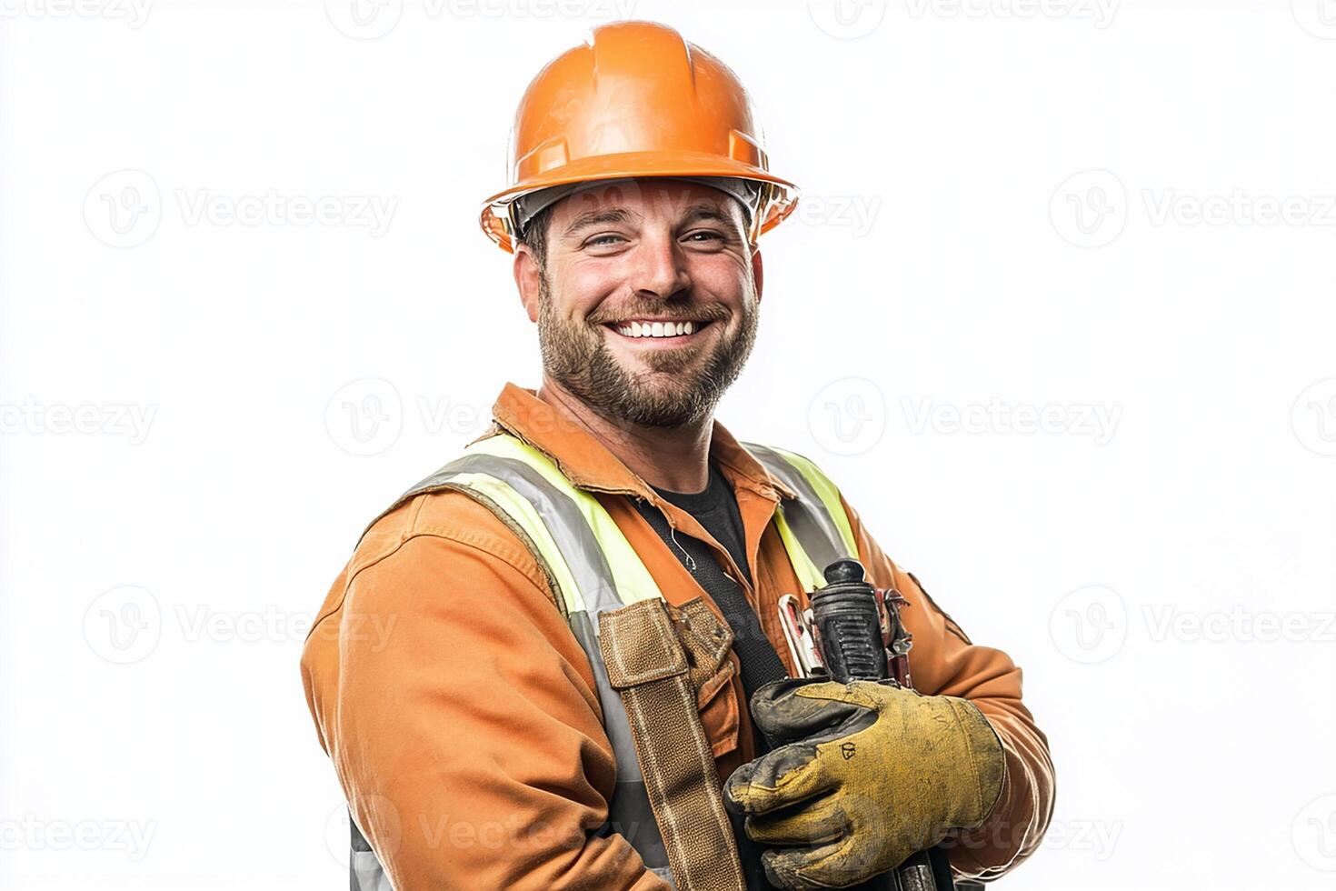 A man in an orange hard hat and safety vest photo