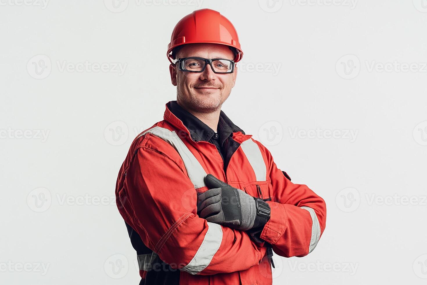 A man in a hard hat and glasses posing for the camera photo
