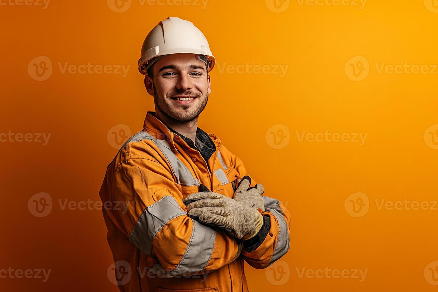 Portrait of a smiling man in orange workwear standing against an orange background photo