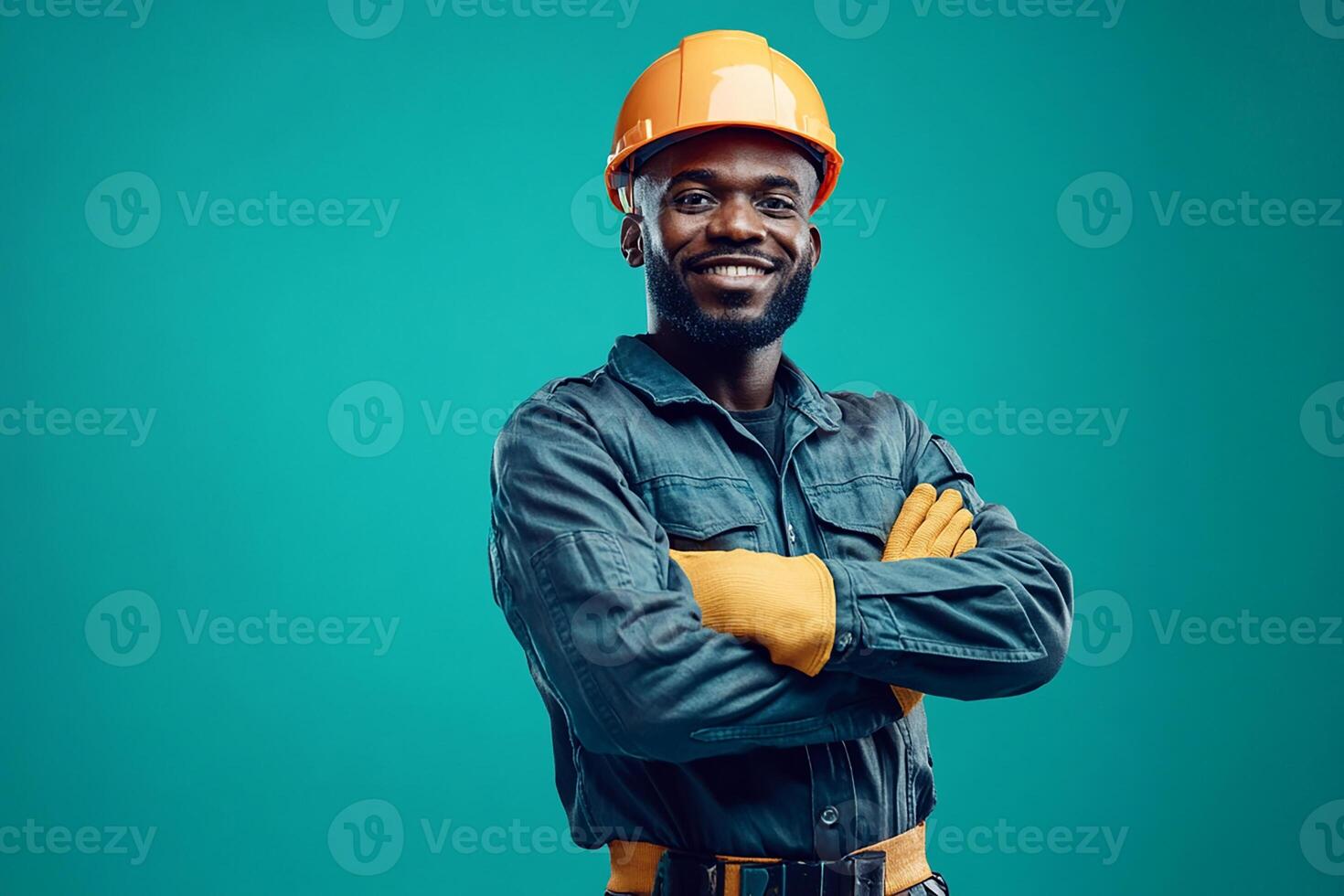 An african american man in a hard hat and safety glasses photo