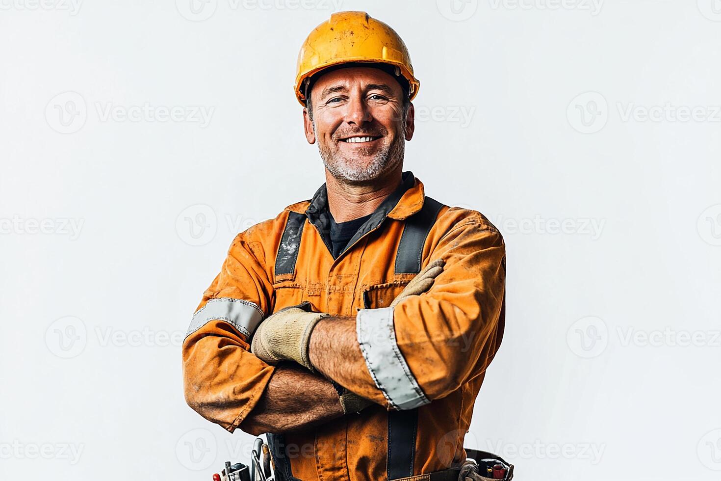 A smiling man in an orange hard hat and overalls photo