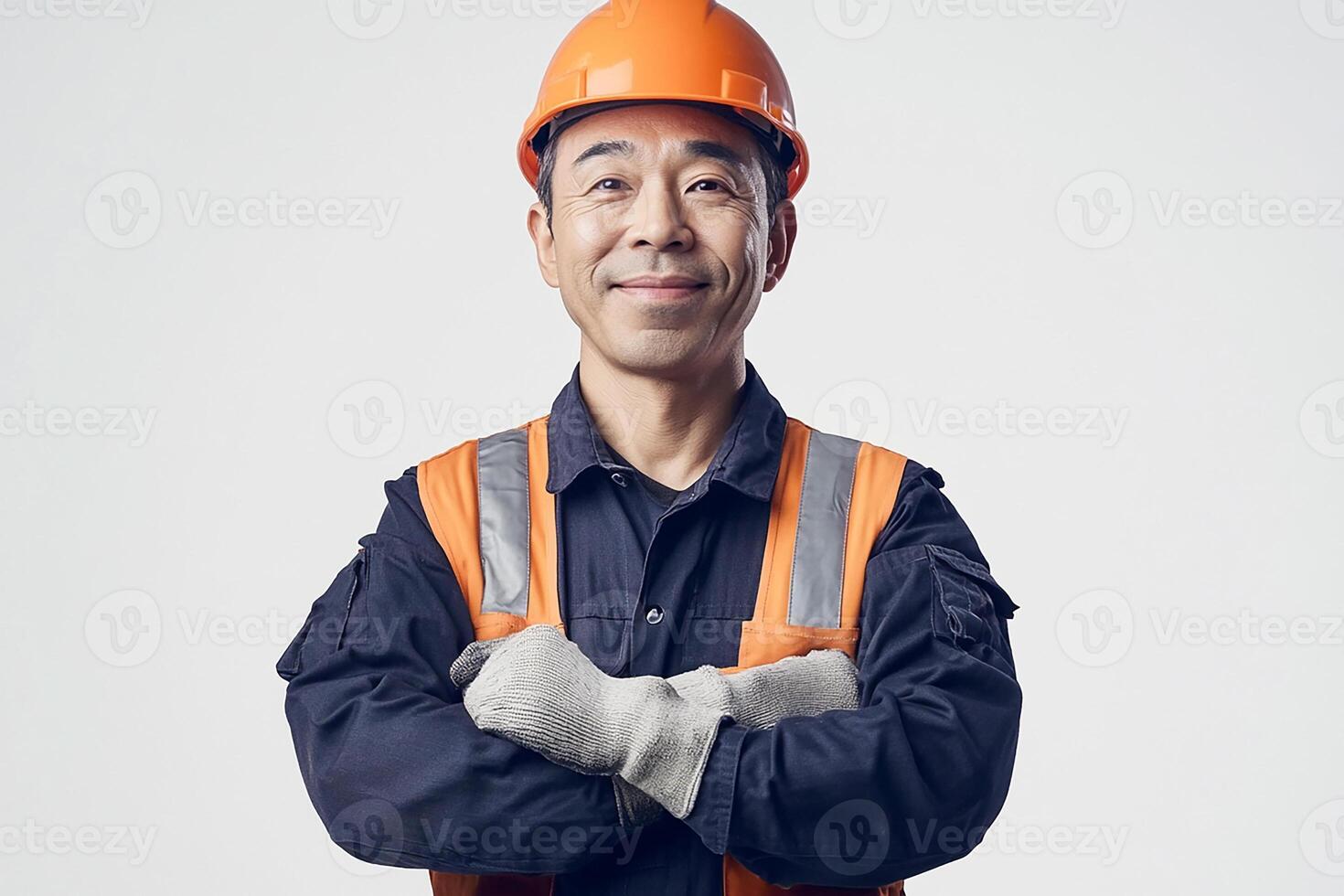 Asian man in hard hat and safety vest photo