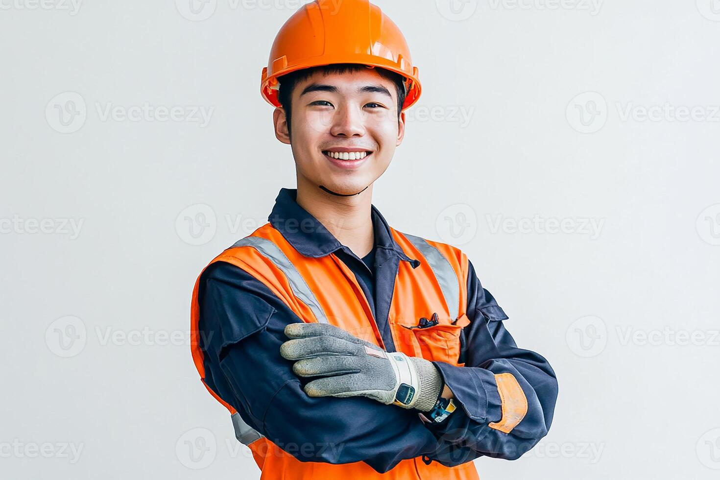 Asian man in orange work uniform with arms crossed photo