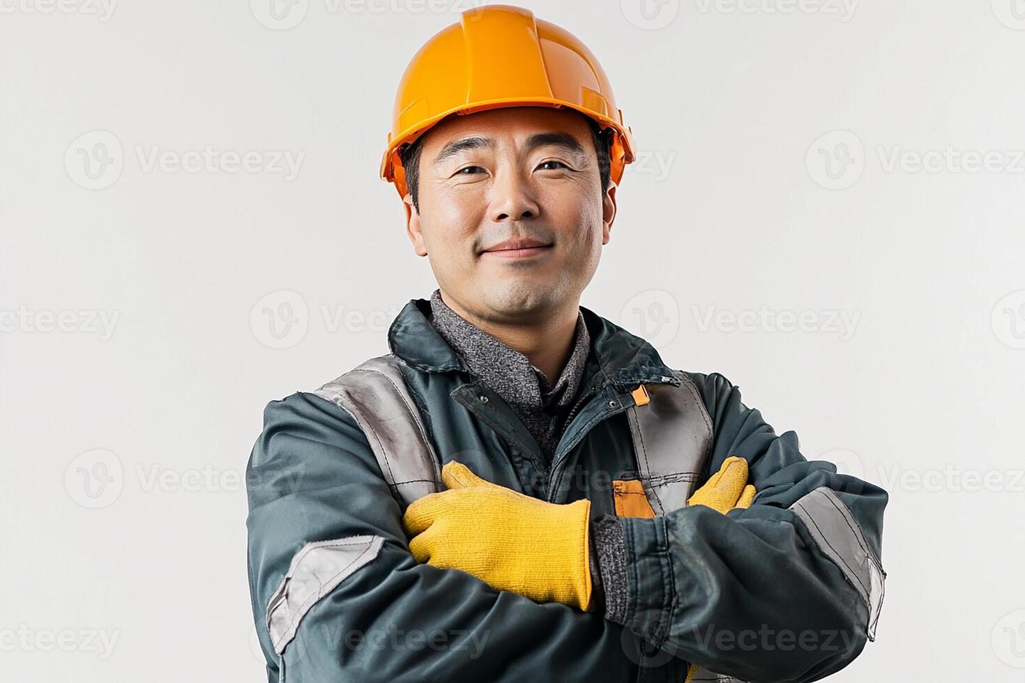 Asian man in hard hat and gloves photo