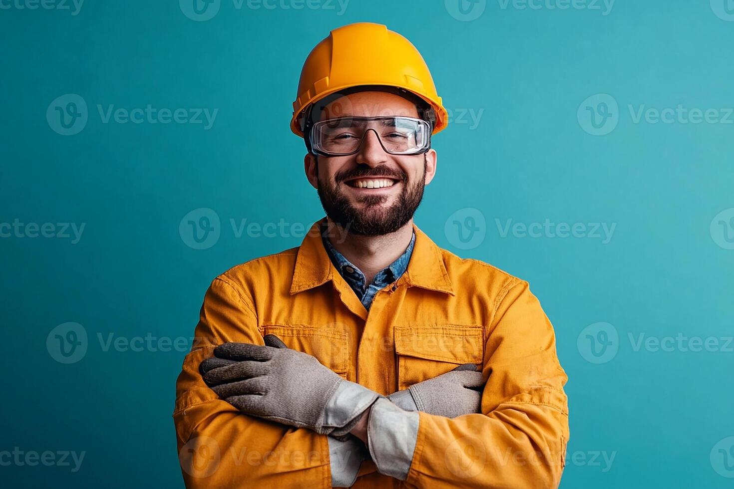 Portrait of a smiling man in hard hat and safety glasses on blue background photo