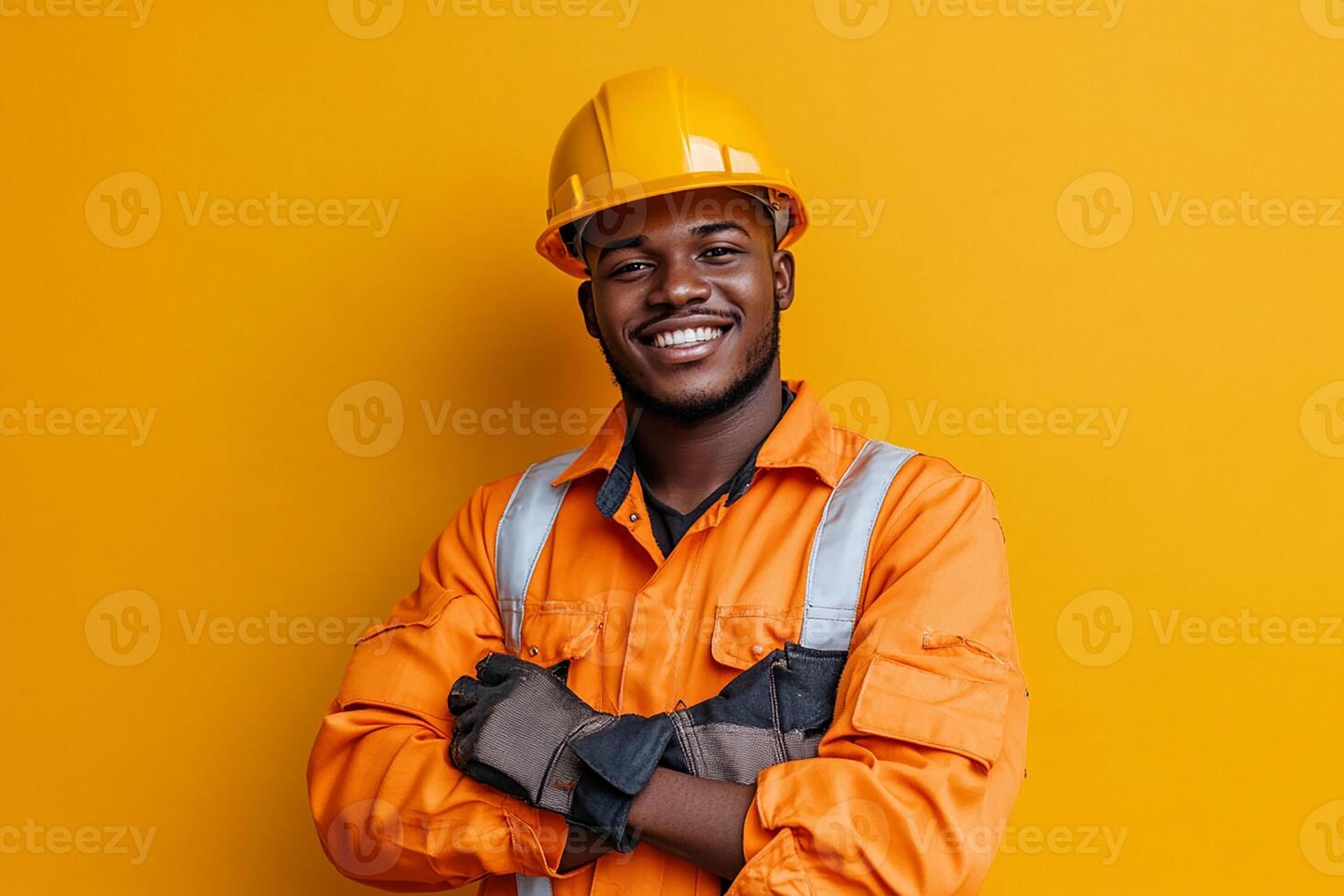Portrait of african man in orange workwear standing against yellow background photo