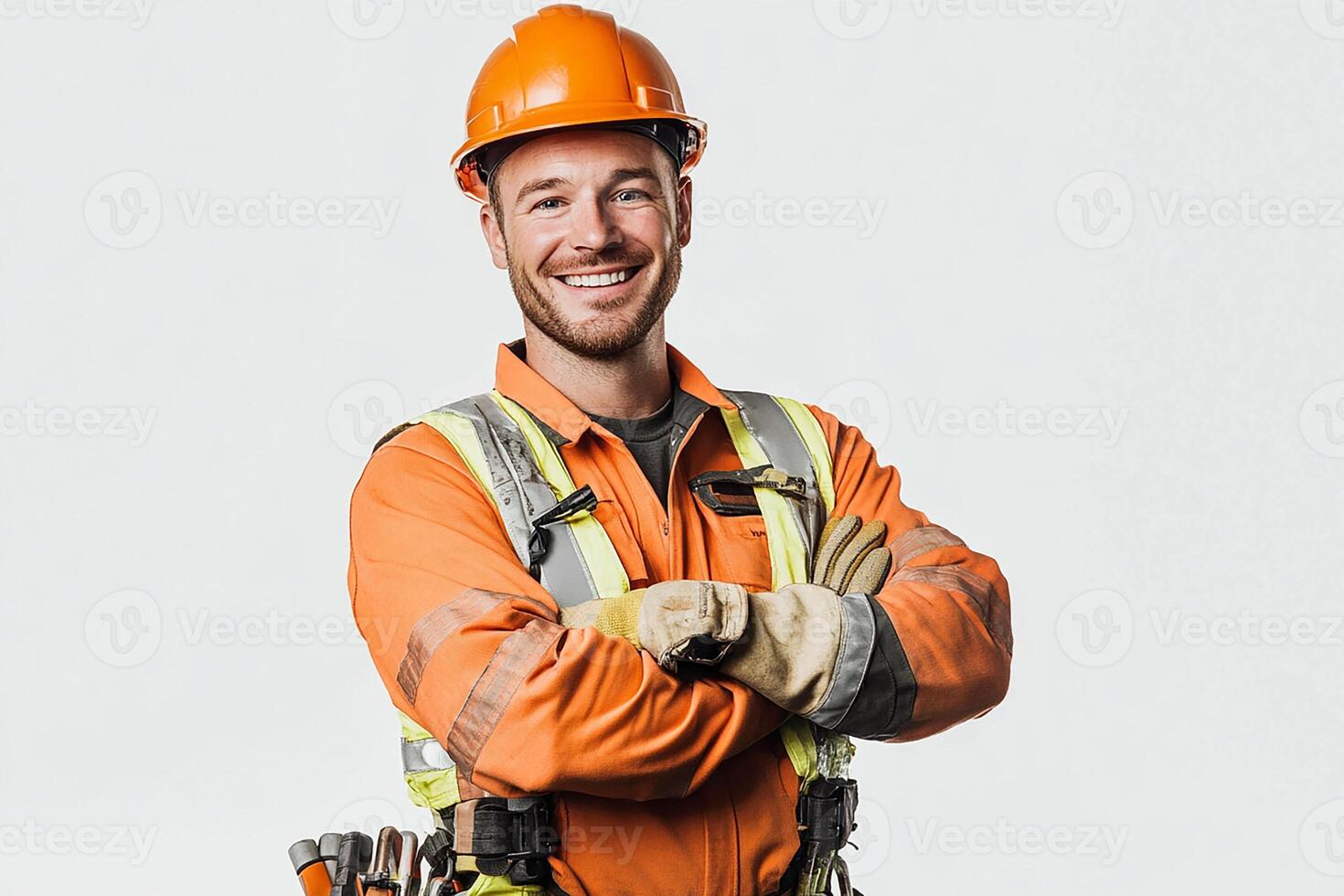 A smiling man in an orange safety vest photo