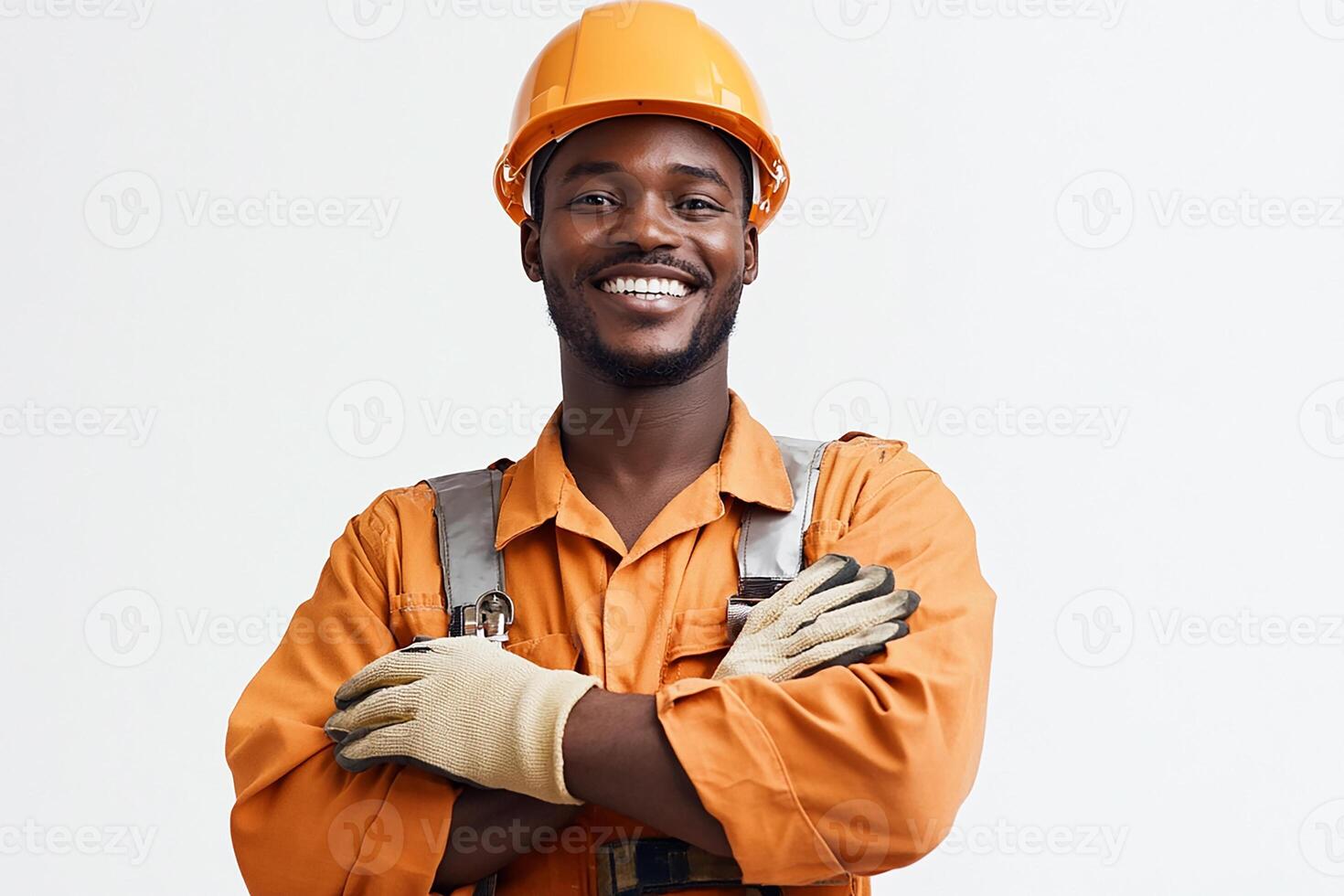 An african american man in an orange work uniform photo