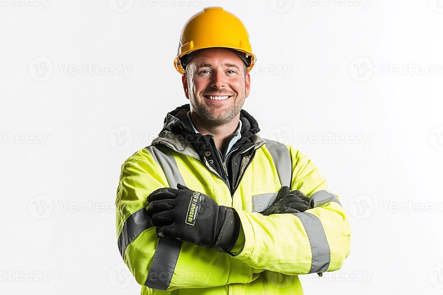 A man in a hard hat and yellow jacket photo