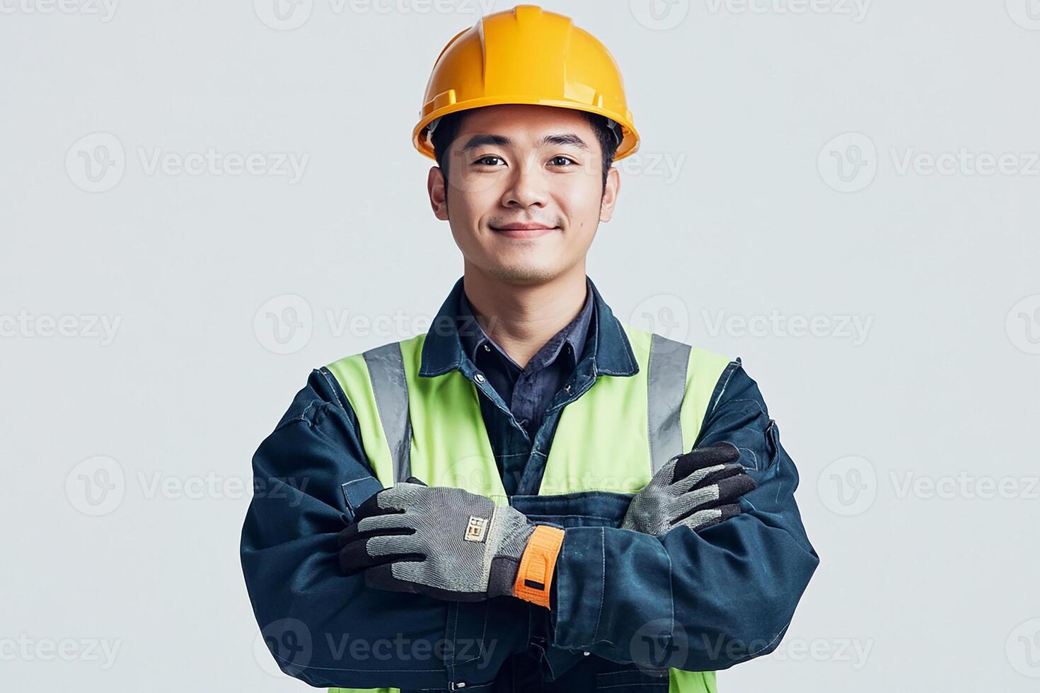 Asian man in hard hat and safety vest photo