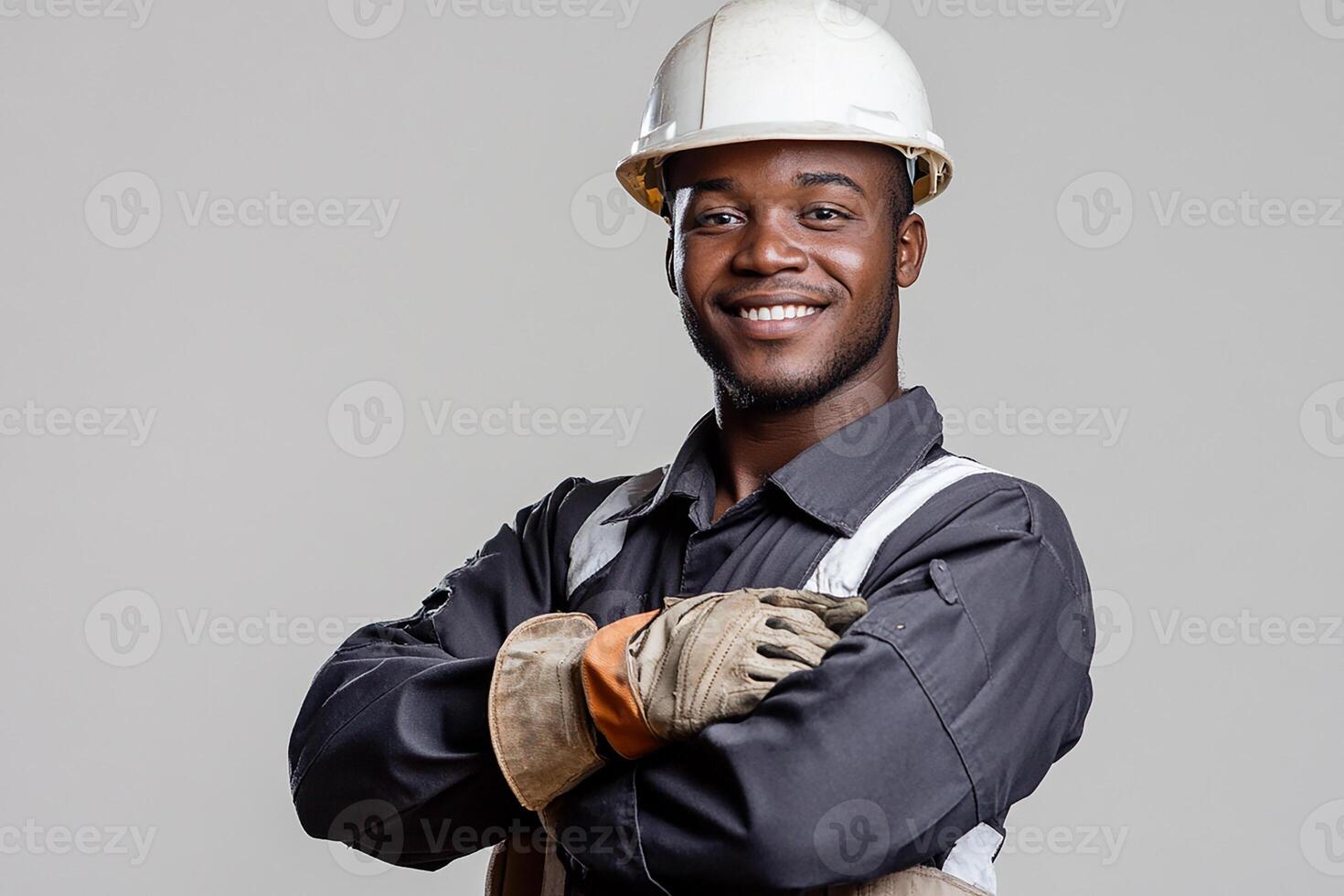 An african american man in a hard hat and overalls photo