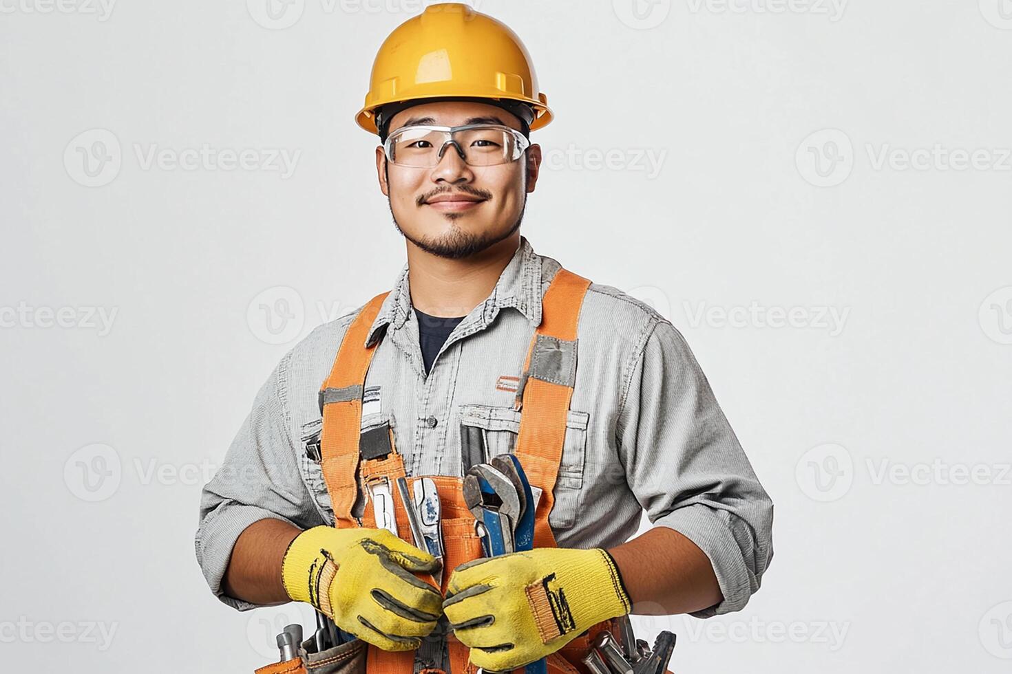 A man in a hard hat and safety glasses holding a wrench photo