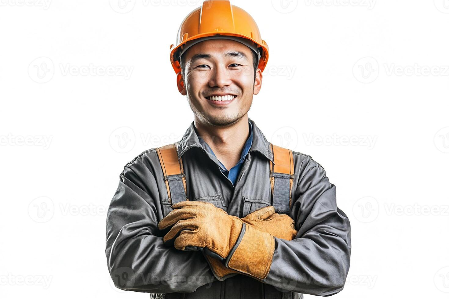 Asian man in hard hat and gloves photo
