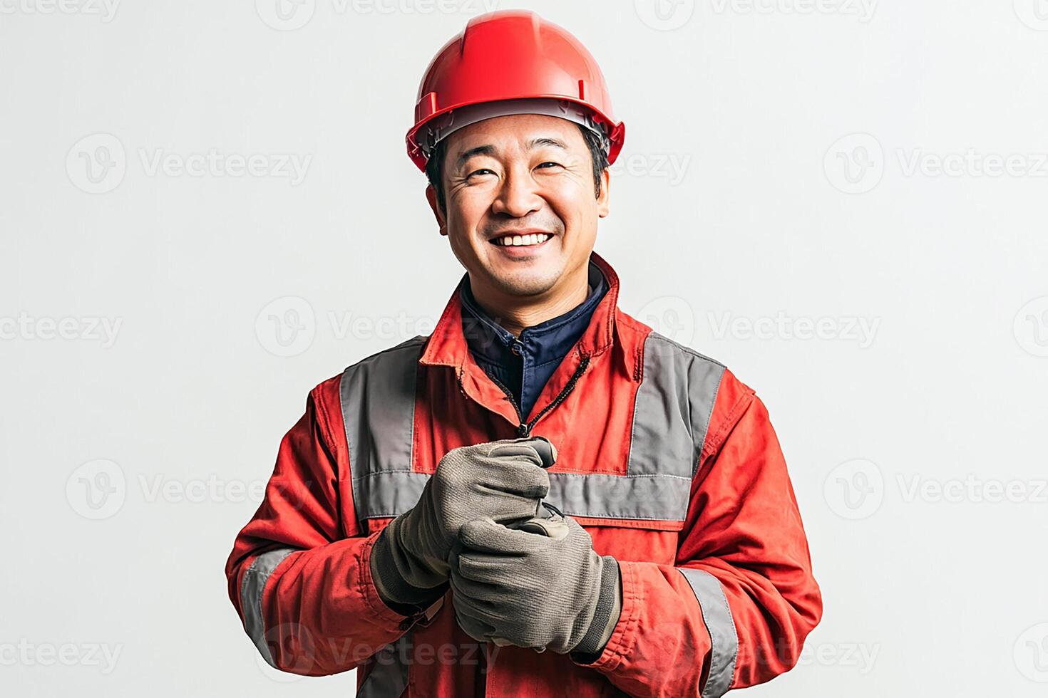 A man in a red hard hat and gloves photo