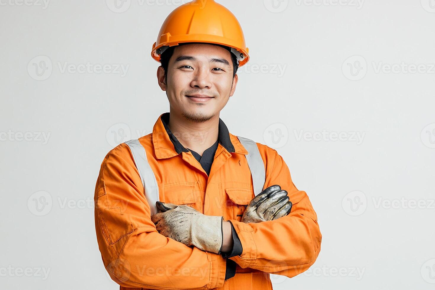 Asian man in orange workwear with arms crossed photo