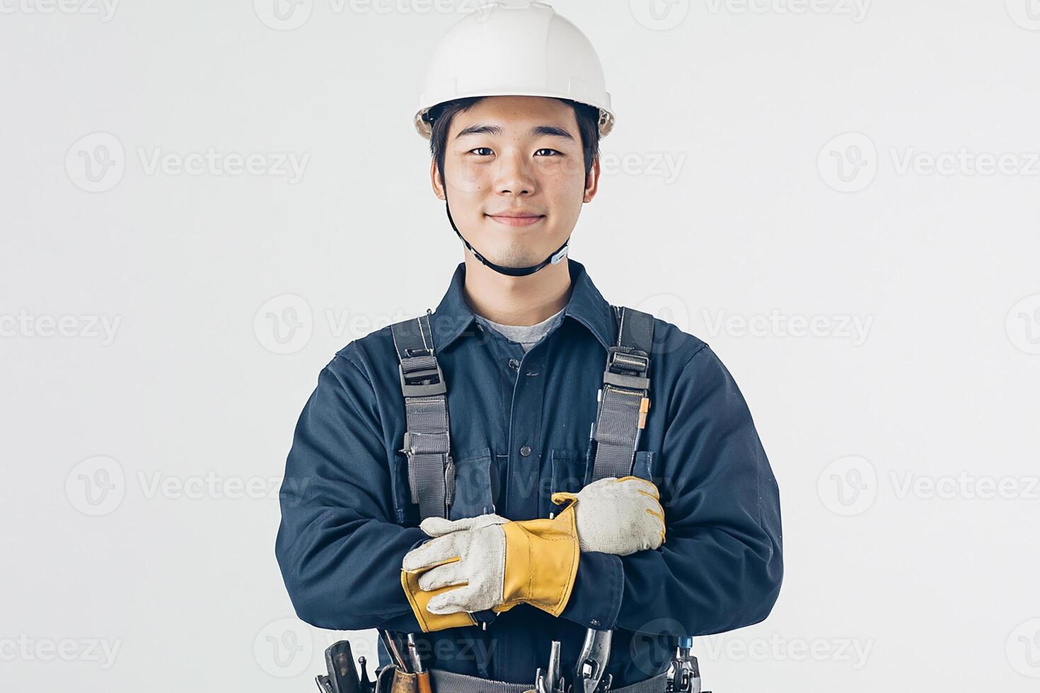 Asian male construction worker with tools photo
