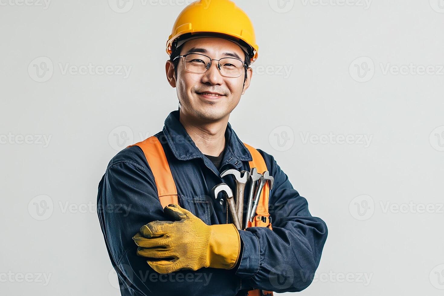 Asian male construction worker holding tools photo