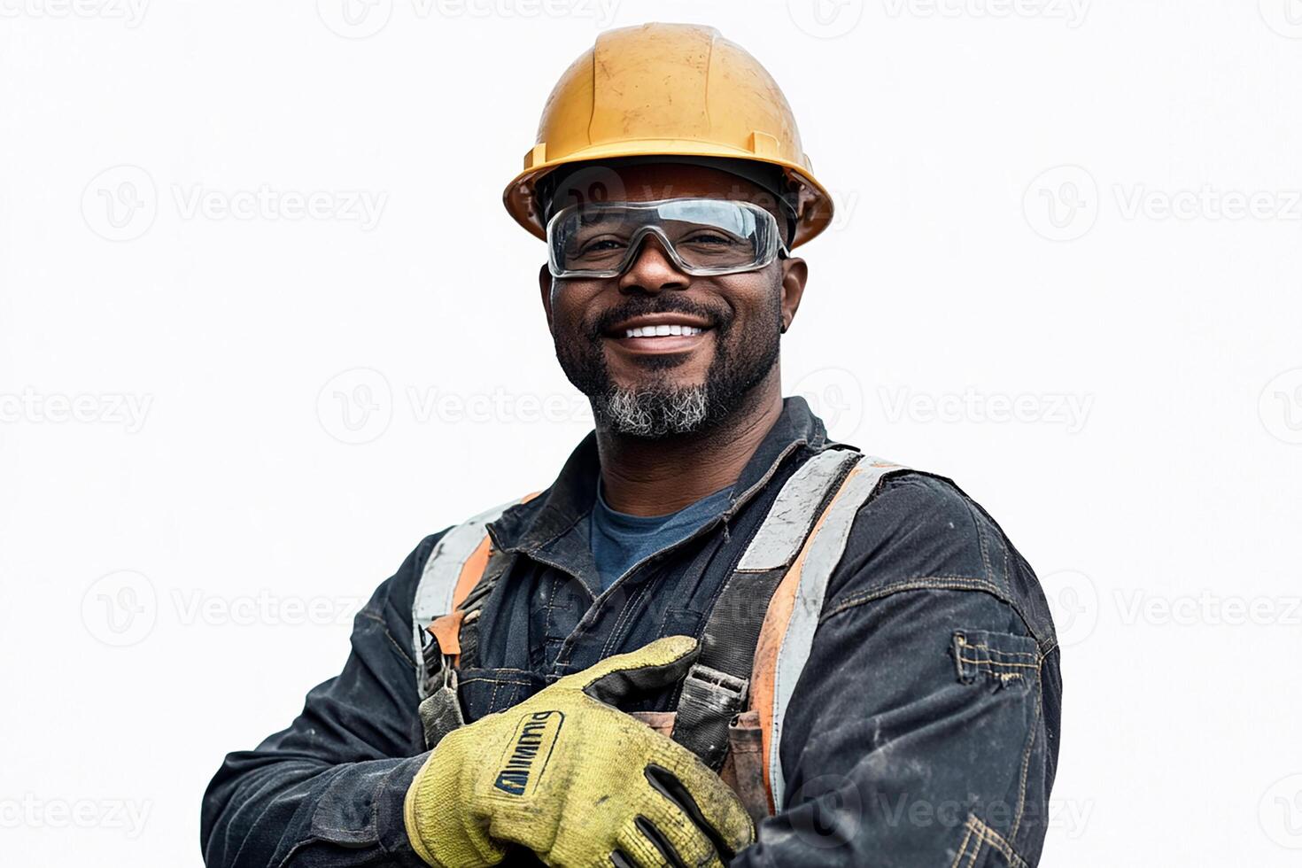 A smiling black man wearing a hard hat and safety glasses photo