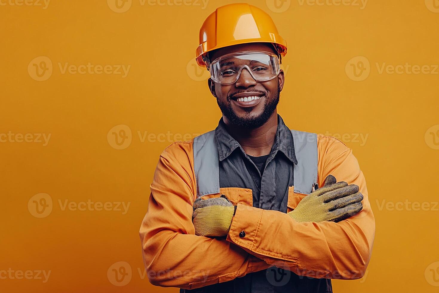 An african american man in an orange hard hat and safety glasses photo