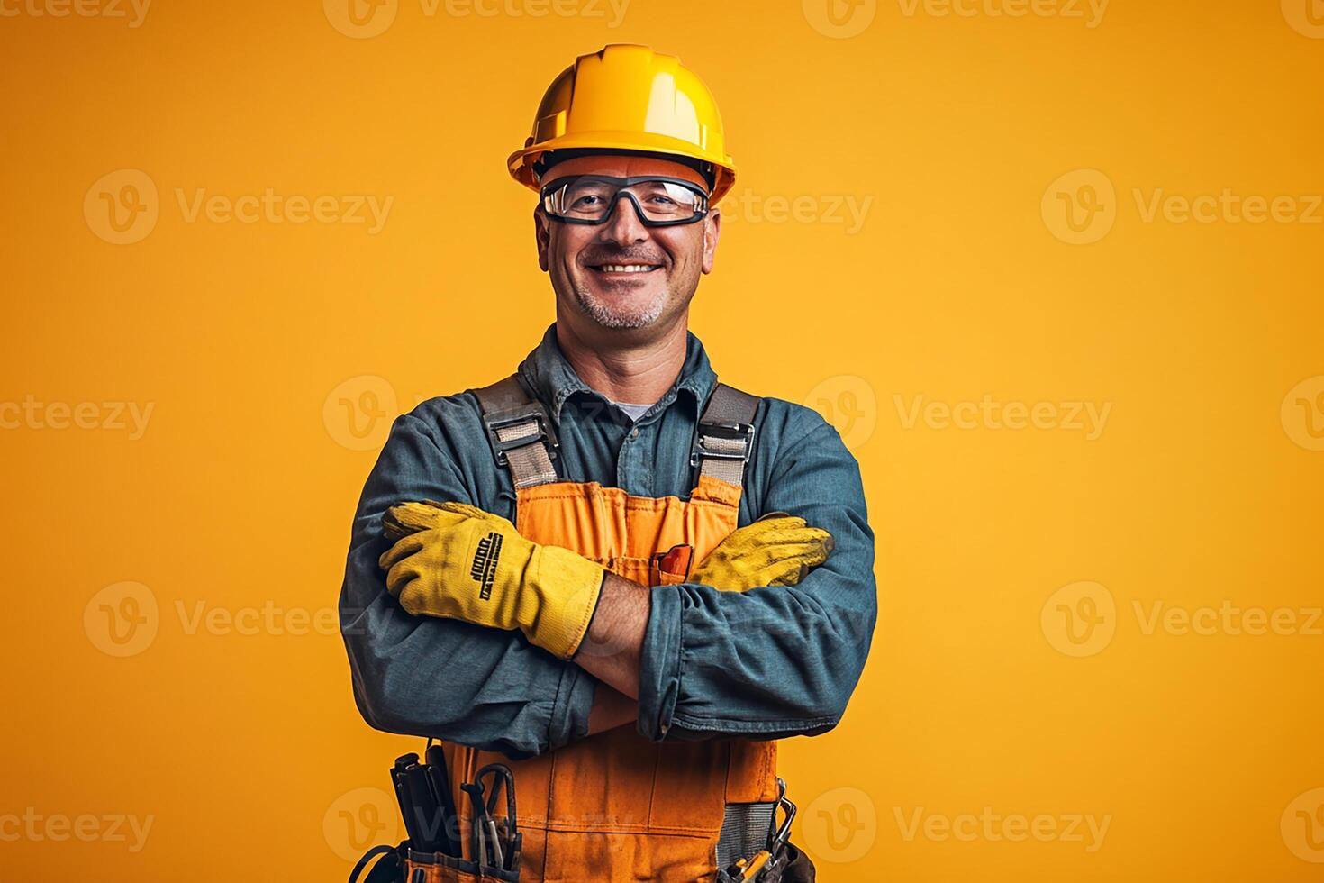 A man in an orange hard hat and safety glasses photo
