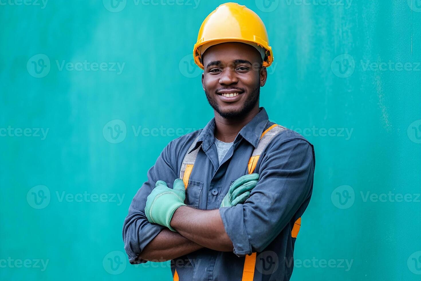 An african american man in a hard hat and gloves photo