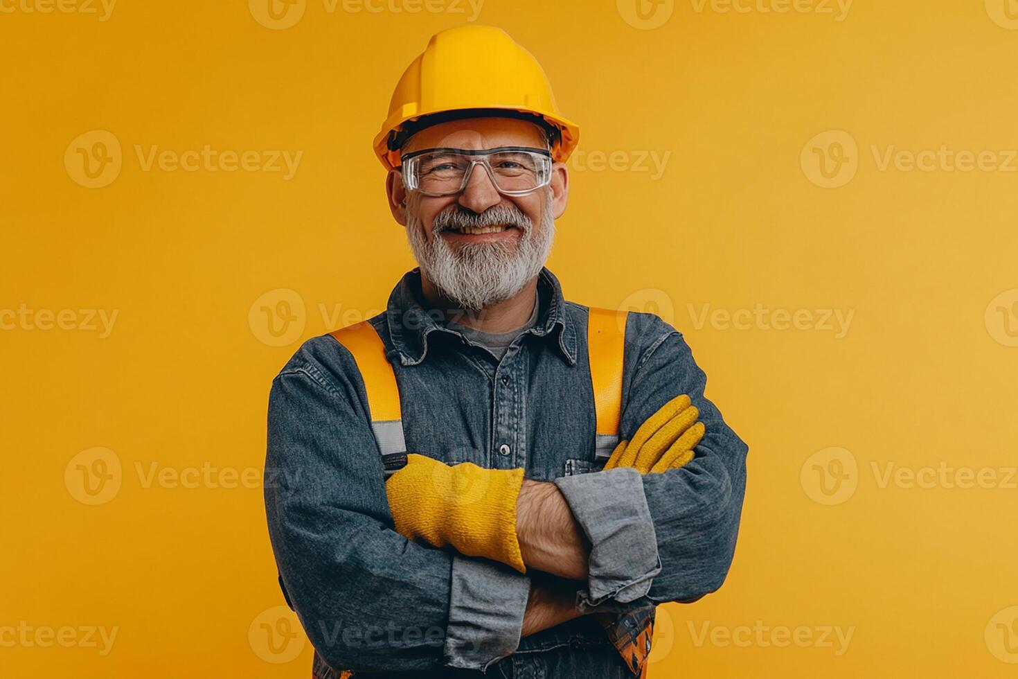 Portrait of smiling senior construction worker isolated on yellow background photo
