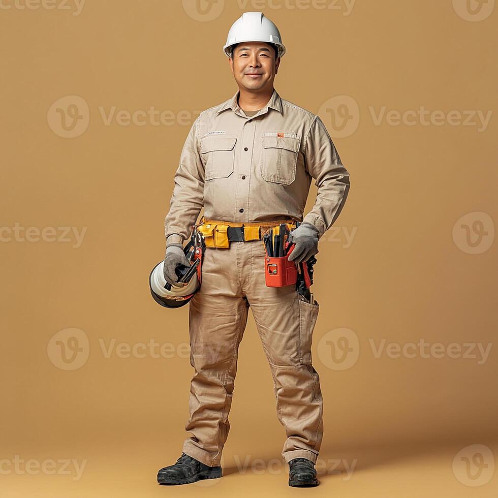 A man in a hard hat and overalls standing on a yellow background photo