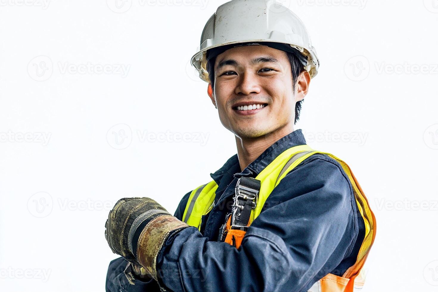 A smiling man in a hard hat and safety vest photo