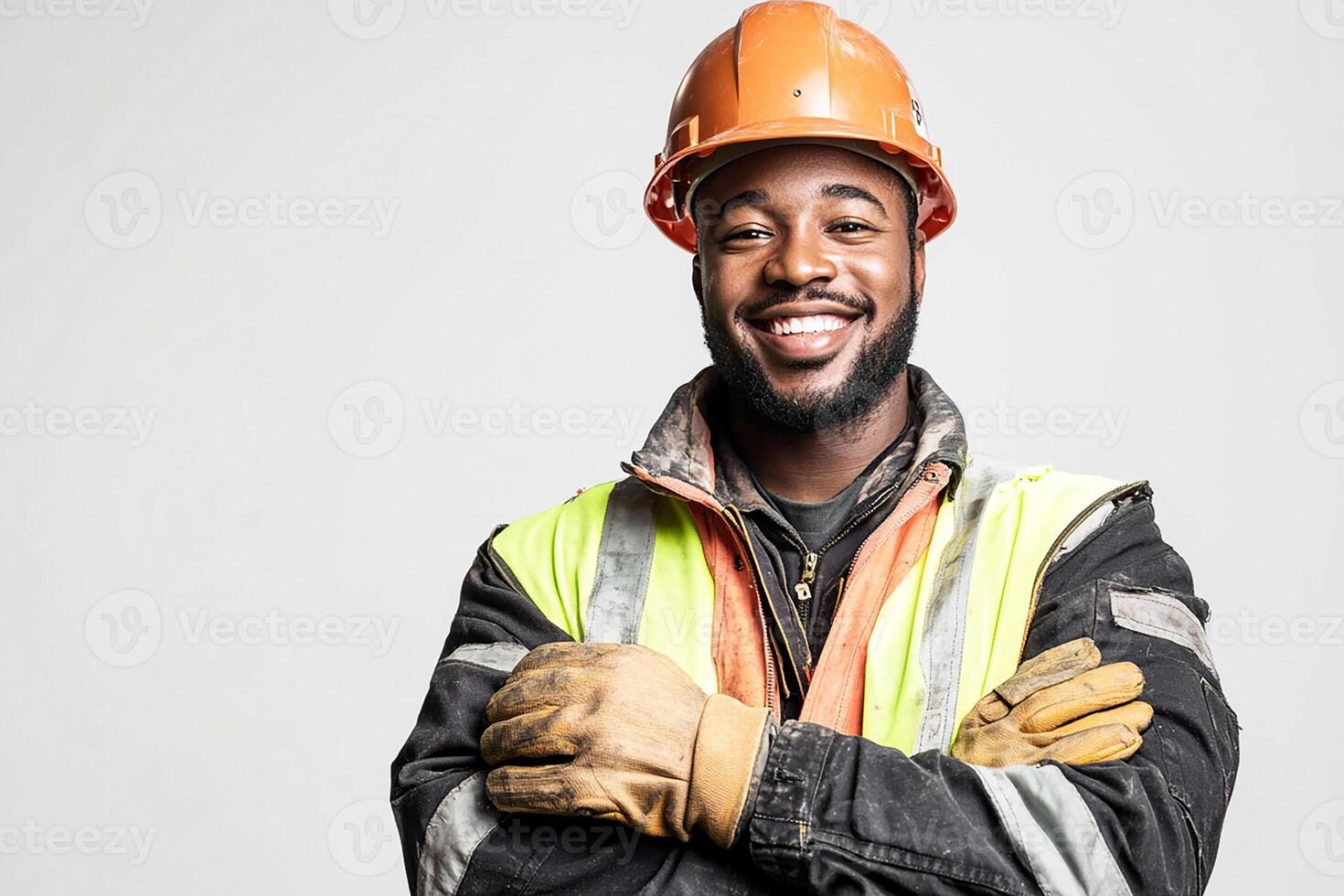 A smiling black man in a hard hat and safety vest photo